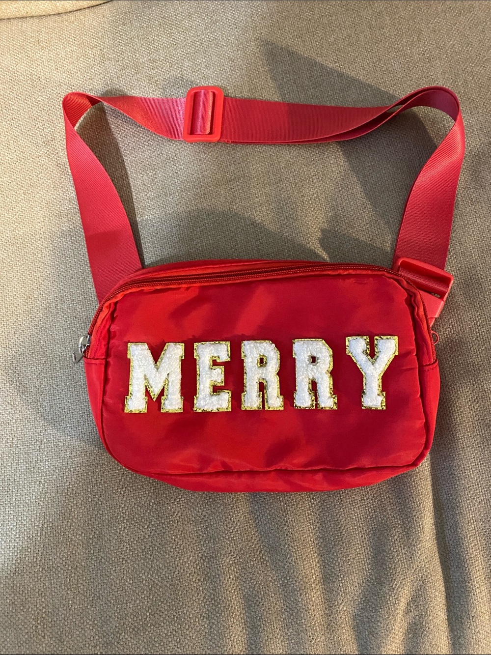 Red 'MERRY' Crossbody Belt Bag - Sparkle patch Lettering
